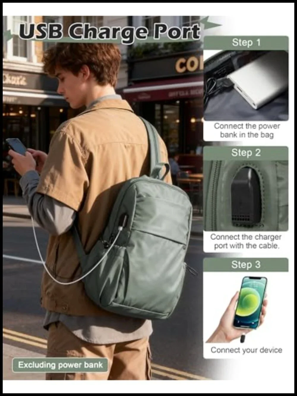 Large Pickleball Sling Bag Crossbody Backpack USB Port Water Resistant Nylon